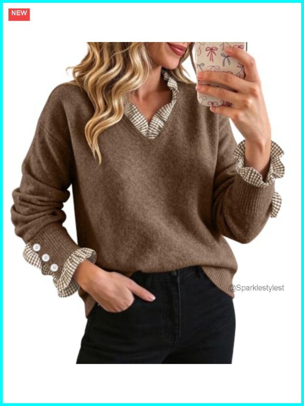 Womens Pullover Sweater 2 in 1 Patchwork V Neck Knit Top